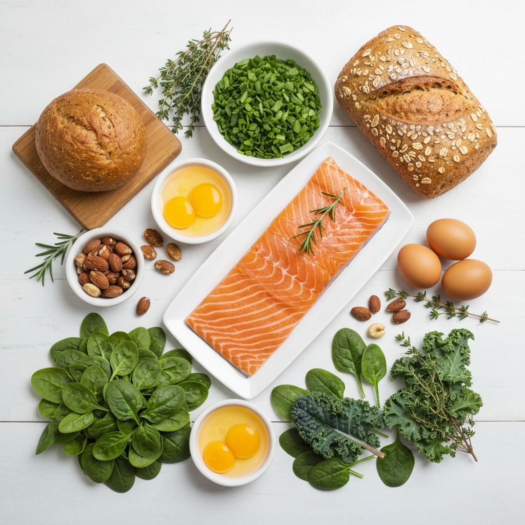 Nutrient-dense foods including salmon, vegetables, and whole grains